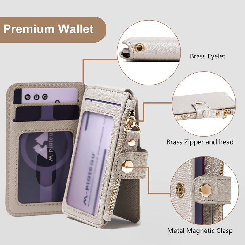 M-Plateau Wallet, Womens card Holder Leather Keychain Wallet With Zipper Coin Pocket ID Window Wrist Strap Gift Box (Beige) - Image 3